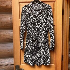 H&M Divided Womens XL Black Daisy Floral Button Up Shirt Mini Dress Tie Cottage